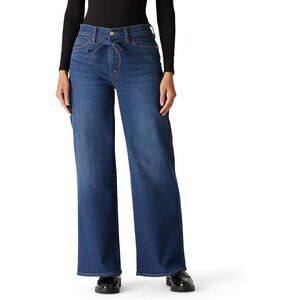 Womens Wide Leg Jeans Cotton Blend Mid Rise Belted Classic Comfort